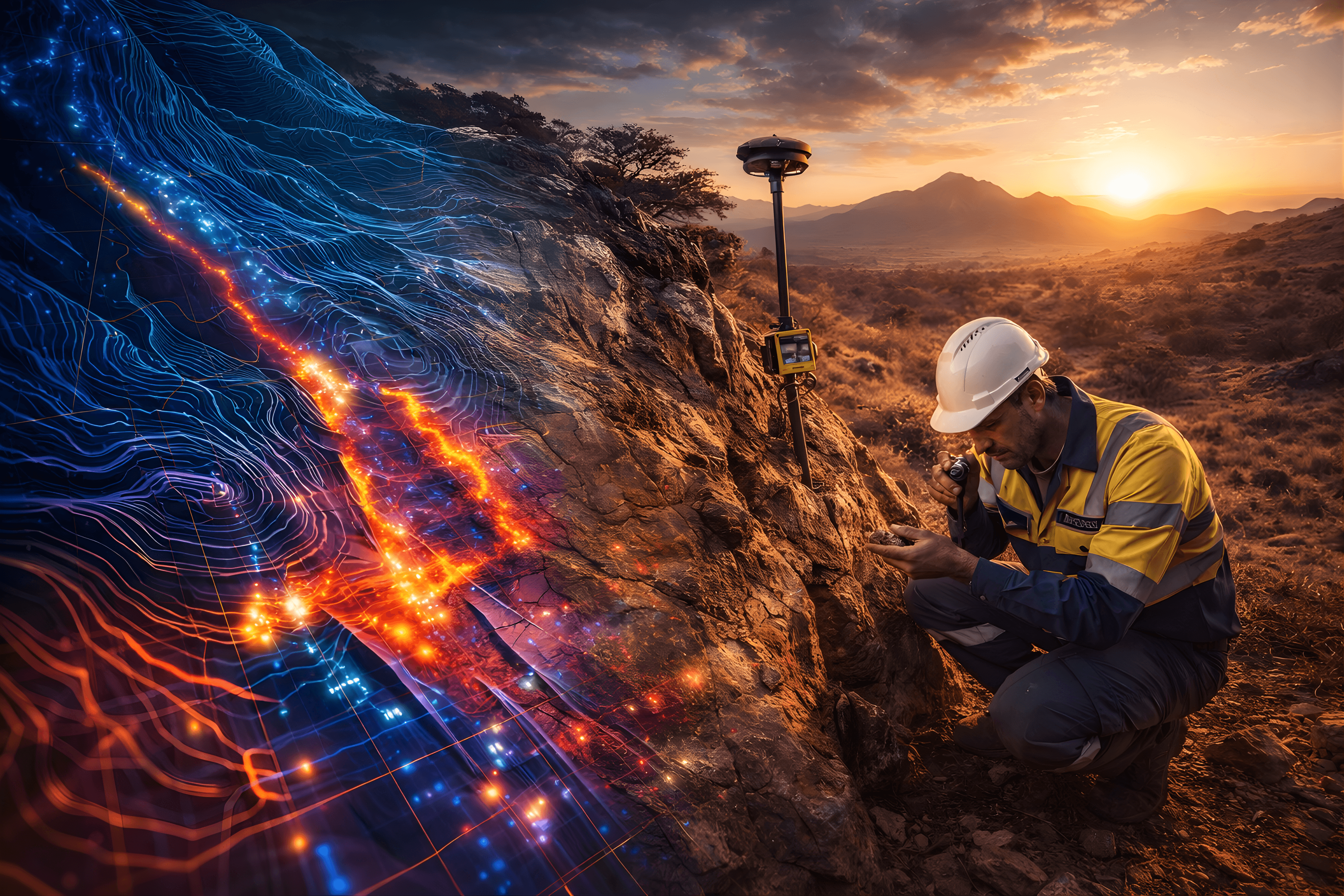 Field geologist with contour overlay and survey equipment