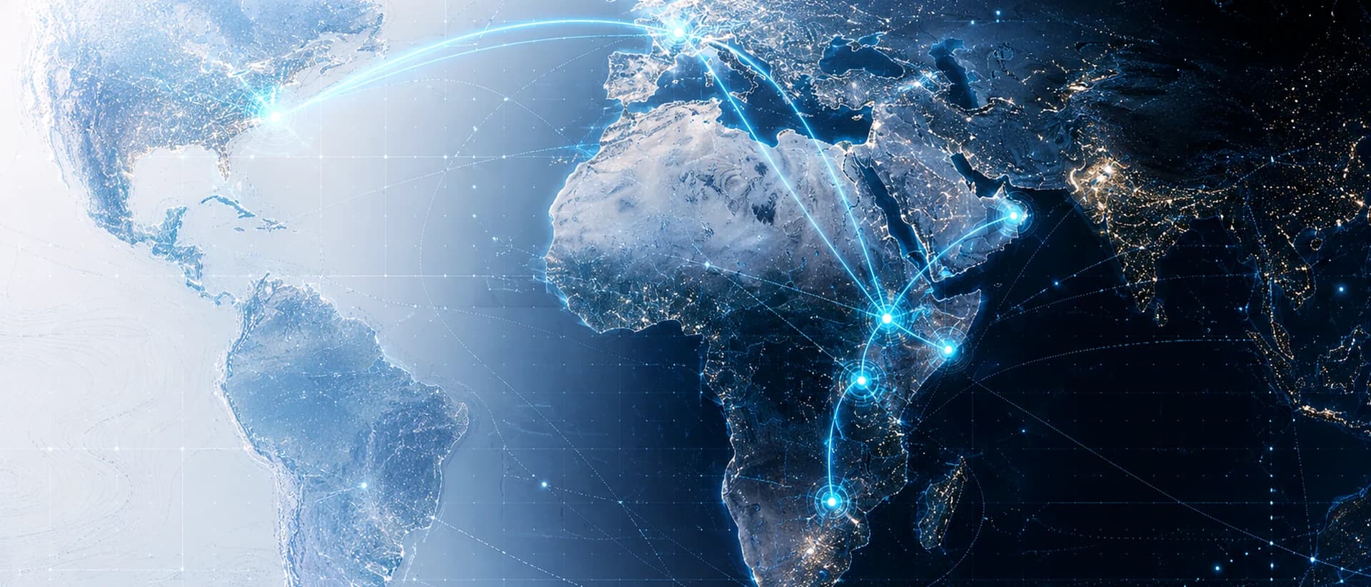 Wide satellite-style earth visual showing Africa, the Horn of Africa, and global coordination routes