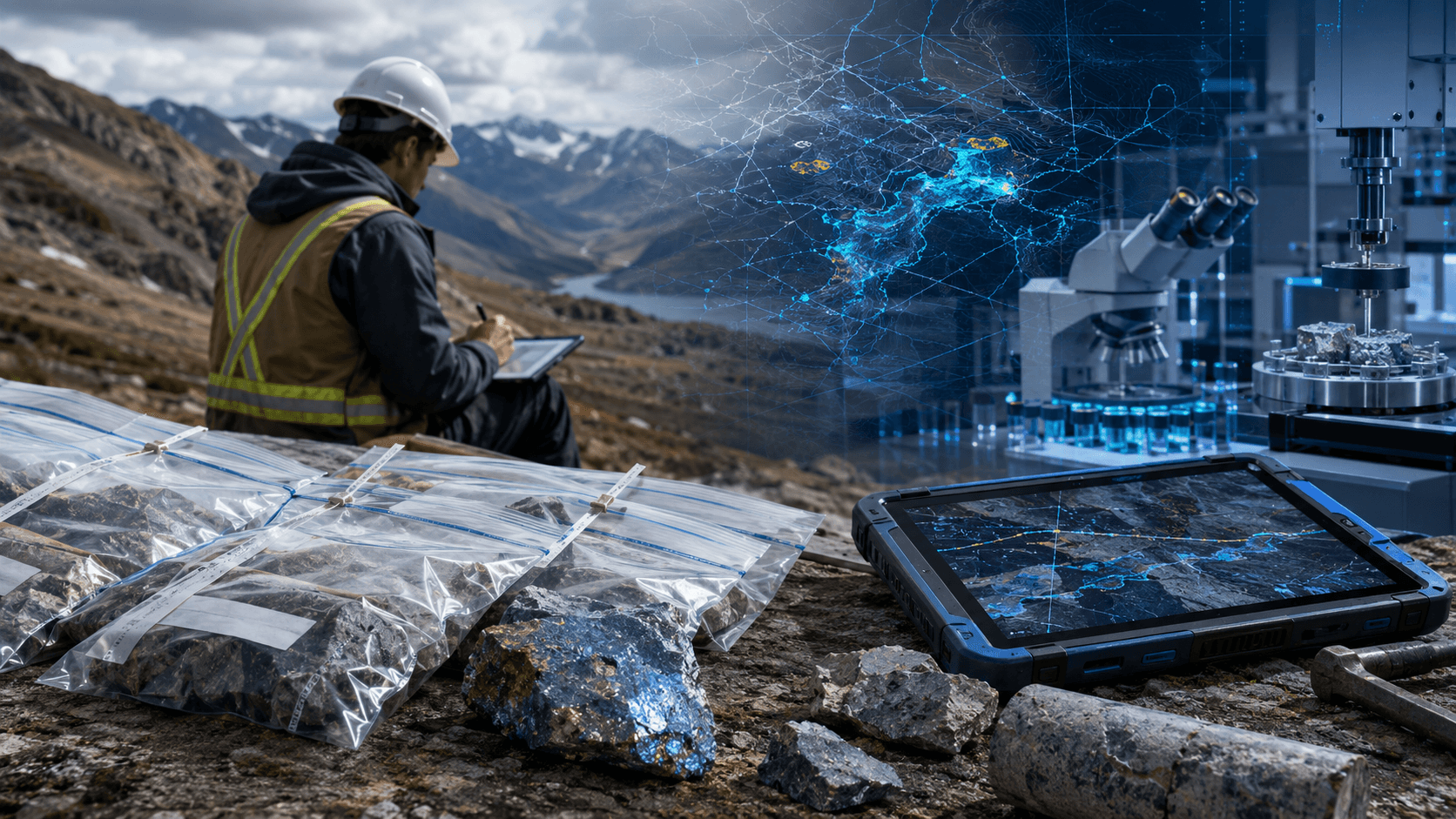 Field geologist, samples, map tablet, and lab workflow visual for exploration validation
