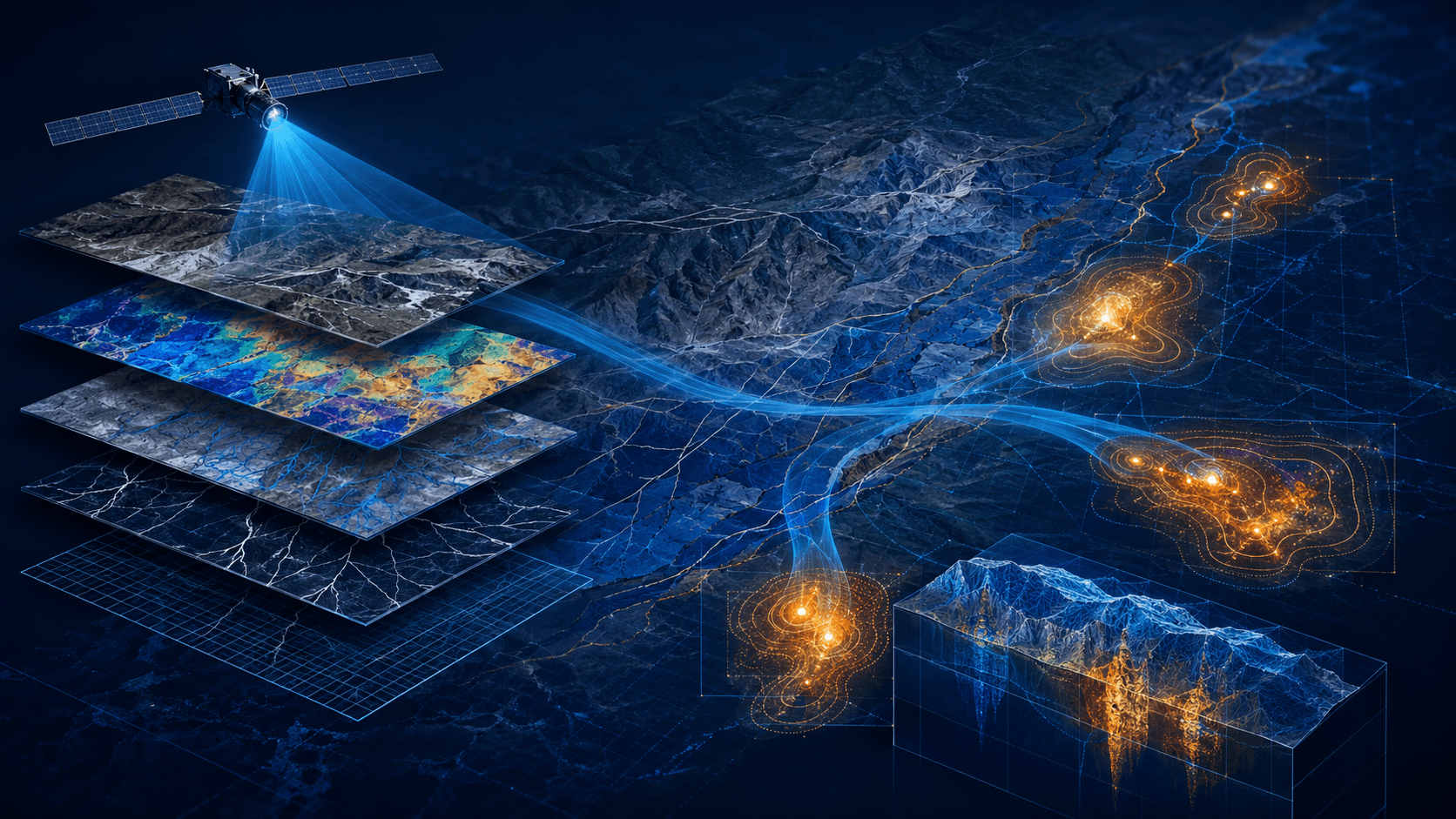 Layered satellite and terrain intelligence stack over mineral exploration targets