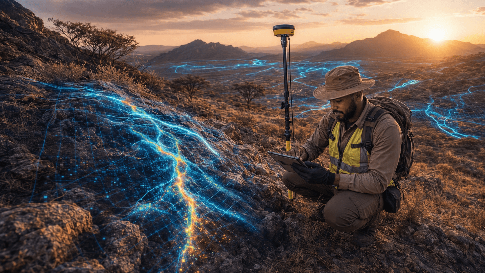 Field geologist using GPS and tablet to verify mapped exploration evidence
