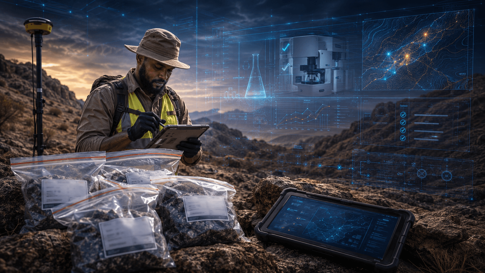 Field sampling and QA/QC continuity with samples, tablet, lab, and reporting overlays