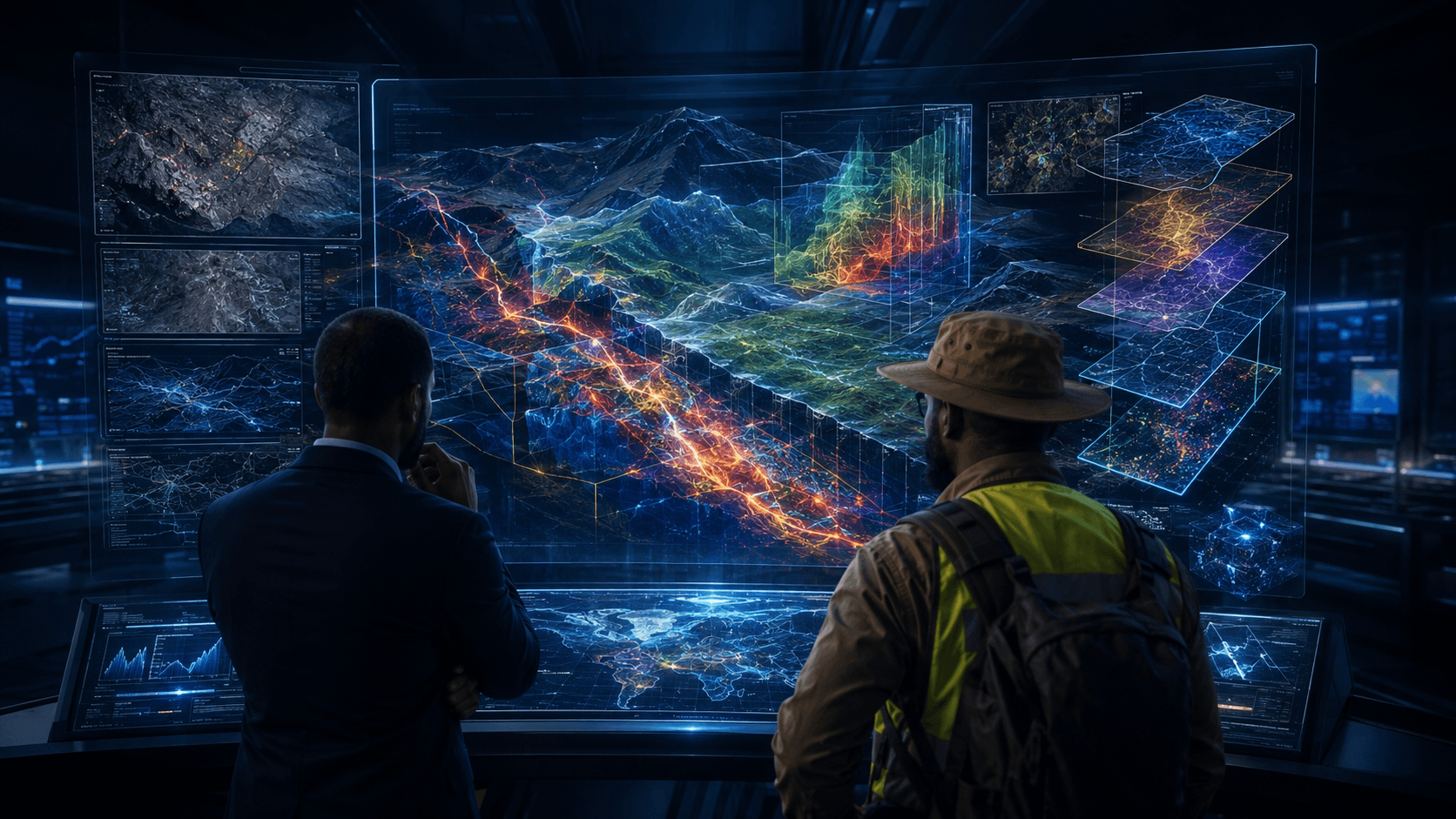 Exploration intelligence dashboard showing structural interpretation, spectral layers, and field context